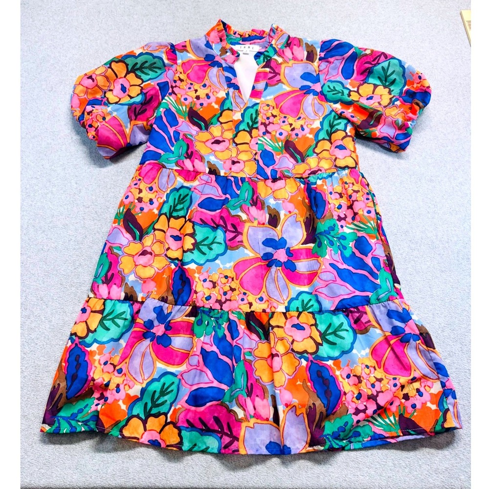 THML Womens S Colorful Floral Tiered Mini Dress Puff Sleeve V Neck Boho Flowy